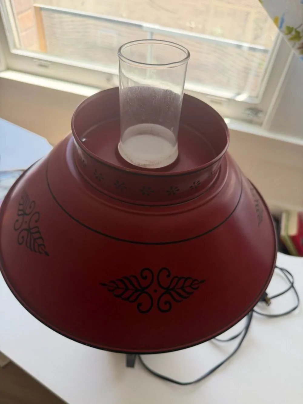 Vintage 1960s Tole Toleware 16.5” Metal Red Orange Table Hurricane Lamp